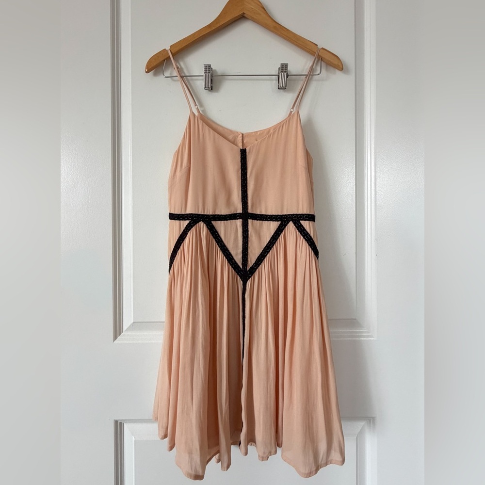 Peach Spaghetti-Strap Dress with Black Trim